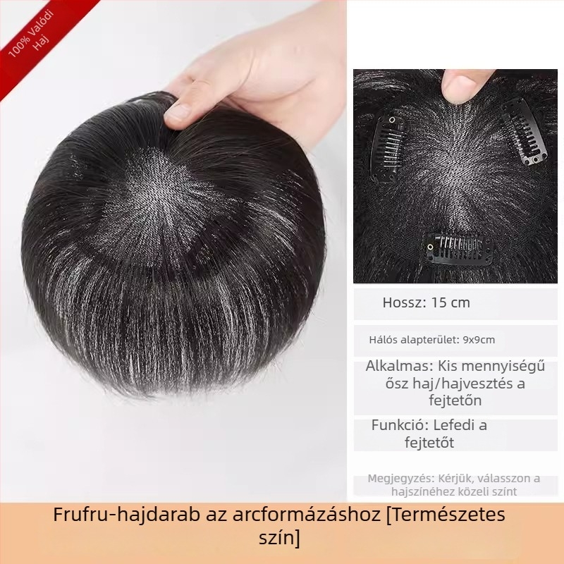 Női fejtető topperszőr a szürke haj fedésére, kézzel szőtt 9x9 svájci háló, 15 cm, természetes emberi haj, volumen növelő hajdarab