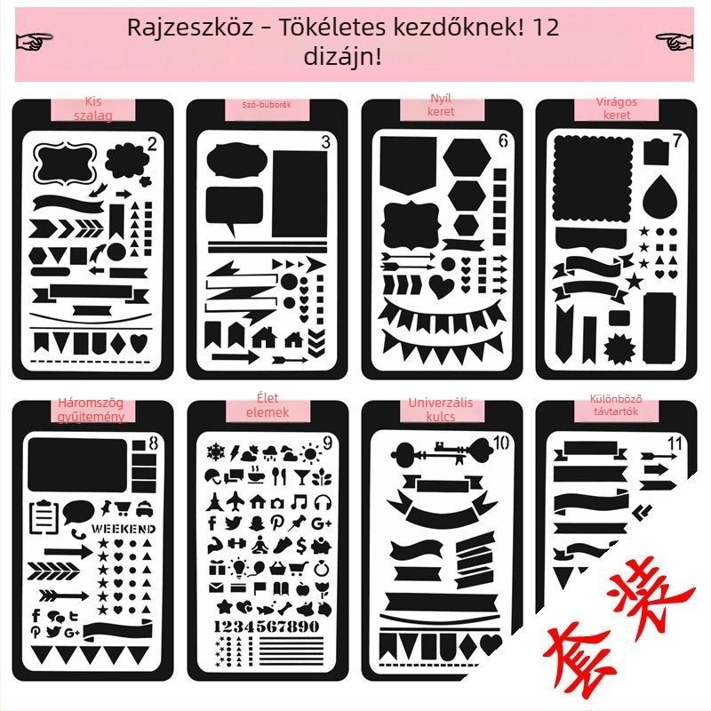 12 darabos műanyag DIY grafikai rajzsablon fotóalbumhoz, áttört csipkeszél, átlátszó