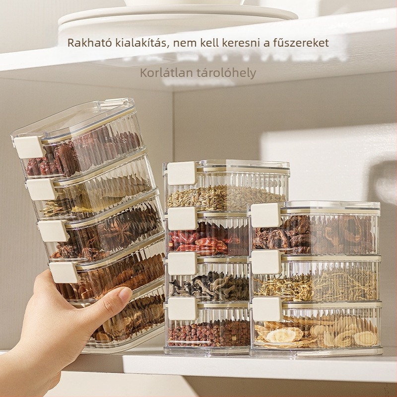 Többszintes fűszertároló doboz, négyszögletes műanyagból, nedvességálló, 1–2 liter kapacitás