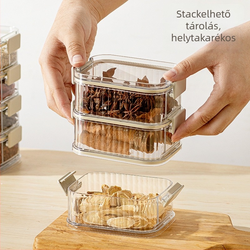 Többszintes fűszertároló doboz, négyszögletes műanyagból, nedvességálló, 1–2 liter kapacitás