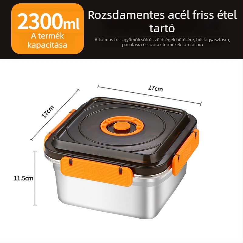 304 rozsdamentes acél élelmiszer-tároló doboz, zárt, fogantyúval, 2,1–3 L, mikrohullámú sütő kompatibilis