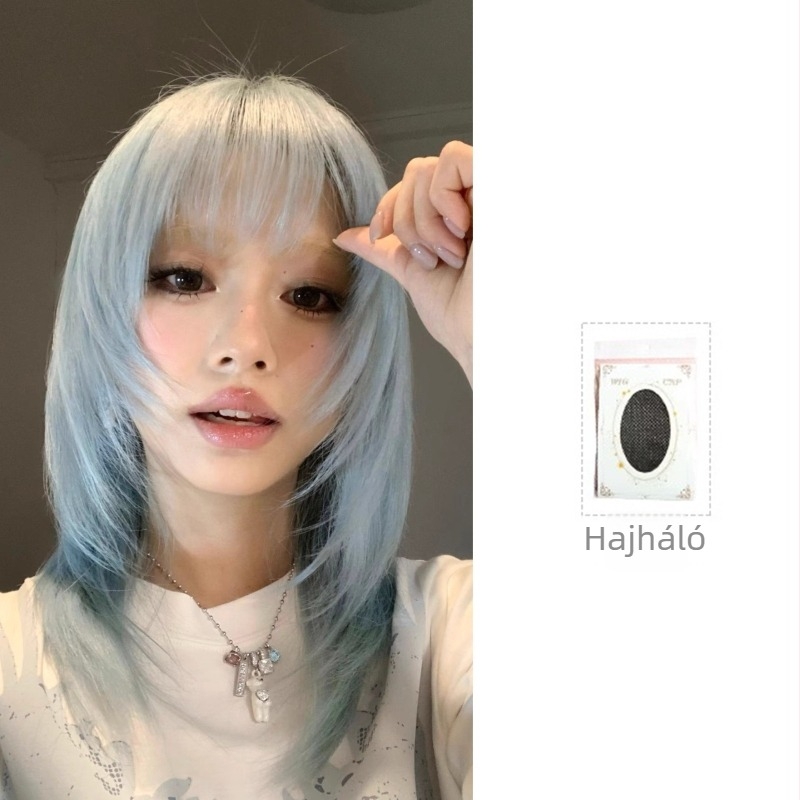Fényes jégkék rövid egyenes paróka mullet-bob frizurával, Y2K cosplay, természetes, valósághű teljes paróka