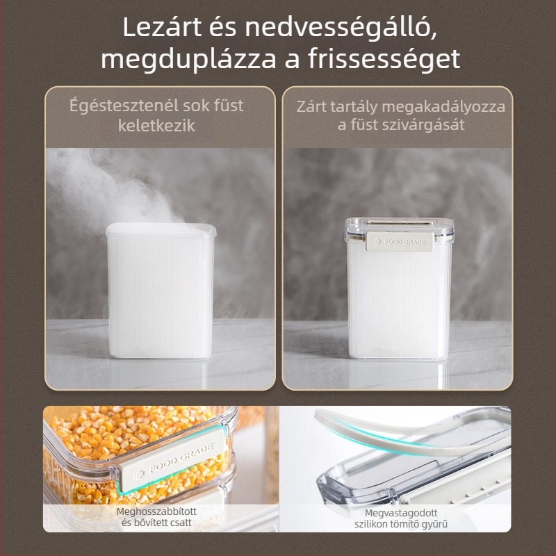 Műanyag négyszögletes tárolóedény átlátszó zárófedelemmel, 800–1000 ml, könnyed luxus stílus – gabonák, nassolnivalók és tea