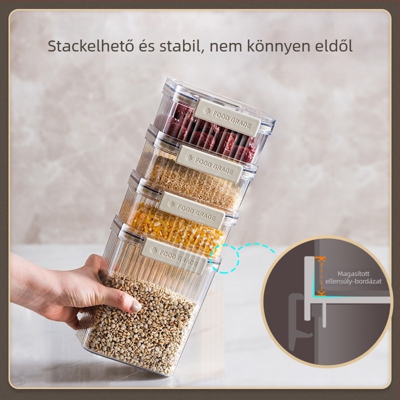 Műanyag négyszögletes tárolóedény átlátszó zárófedelemmel, 800–1000 ml, könnyed luxus stílus – gabonák, nassolnivalók és tea