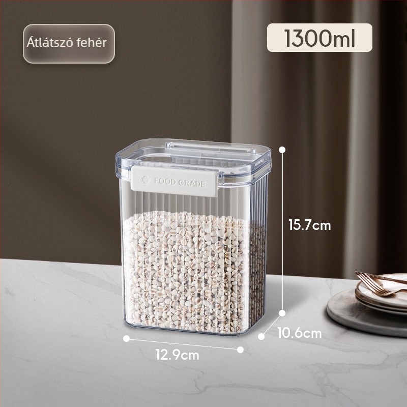 Műanyag négyszögletes tárolóedény átlátszó zárófedelemmel, 800–1000 ml, könnyed luxus stílus – gabonák, nassolnivalók és tea