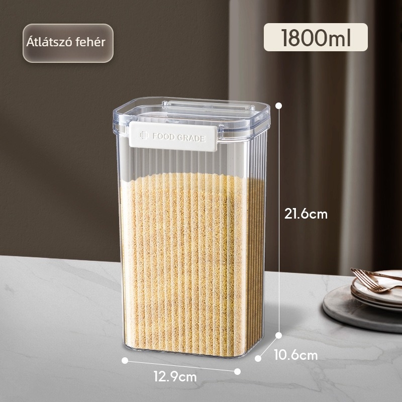 Műanyag négyszögletes tárolóedény átlátszó zárófedelemmel, 800–1000 ml, könnyed luxus stílus – gabonák, nassolnivalók és tea