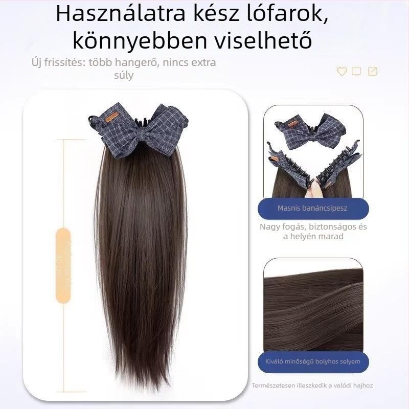 Női lófarok paróka, élethű haj, beépített banánkapocs a lófarokhoz, egyenes lófarok, kockás masni hajcsat, bolyhos fonat