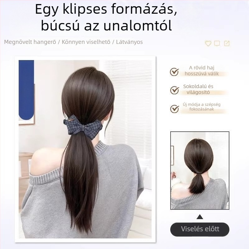 Női lófarok paróka, élethű haj, beépített banánkapocs a lófarokhoz, egyenes lófarok, kockás masni hajcsat, bolyhos fonat
