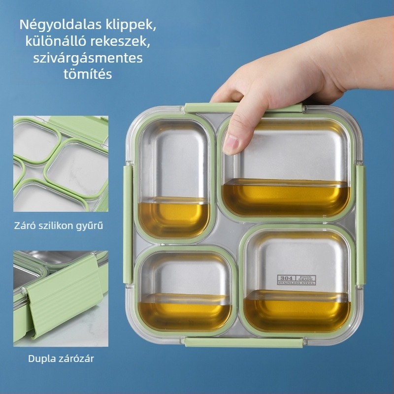 304 rozsdamentes acél ebédes doboz, önálló zárható rekeszekkel, 800–1000 ml űrtartalom, egy- vagy kétszintes kialakítás, mikrohullámú sütőben használható