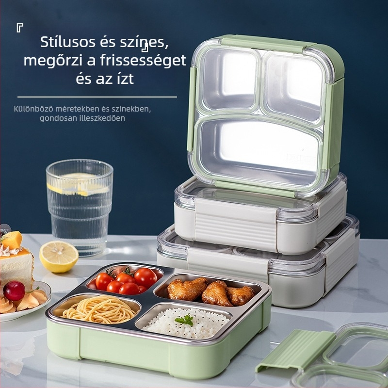 304 rozsdamentes acél ebédes doboz, önálló zárható rekeszekkel, 800–1000 ml űrtartalom, egy- vagy kétszintes kialakítás, mikrohullámú sütőben használható
