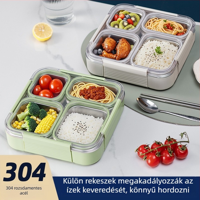 304 rozsdamentes acél ebédes doboz, önálló zárható rekeszekkel, 800–1000 ml űrtartalom, egy- vagy kétszintes kialakítás, mikrohullámú sütőben használható