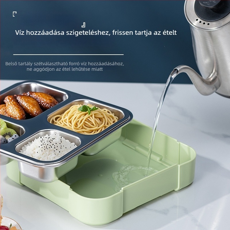 304 rozsdamentes acél ebédes doboz, önálló zárható rekeszekkel, 800–1000 ml űrtartalom, egy- vagy kétszintes kialakítás, mikrohullámú sütőben használható