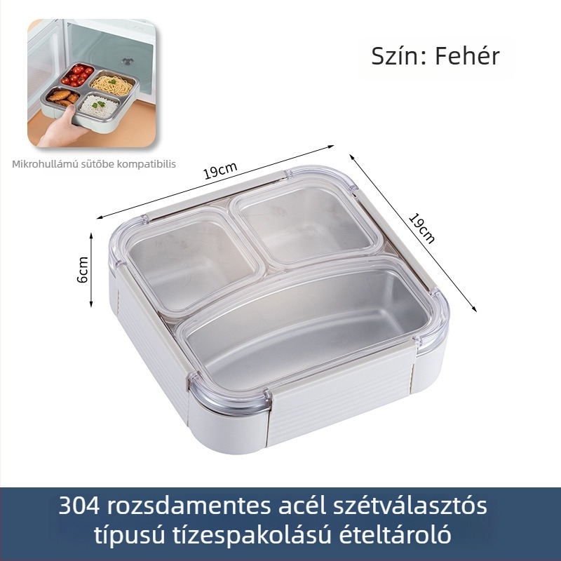 304 rozsdamentes acél ebédes doboz, önálló zárható rekeszekkel, 800–1000 ml űrtartalom, egy- vagy kétszintes kialakítás, mikrohullámú sütőben használható