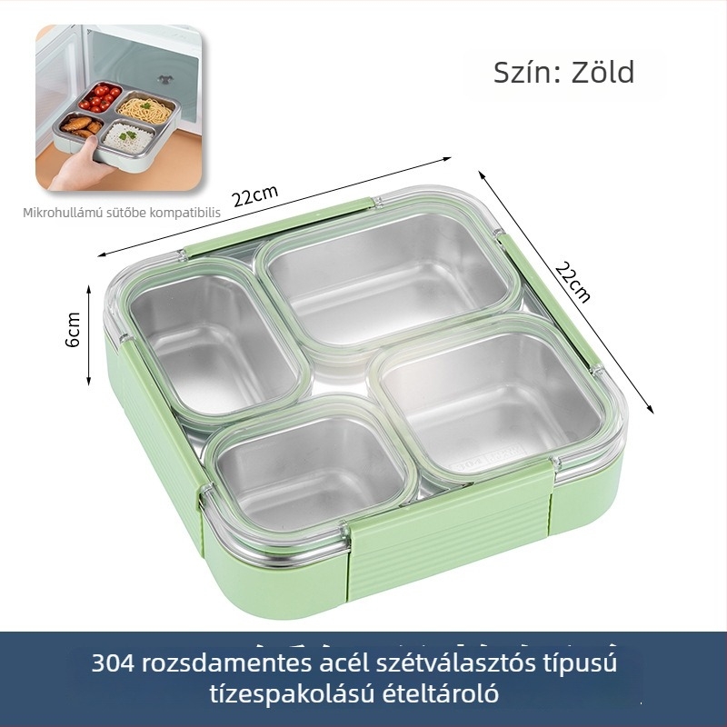 304 rozsdamentes acél ebédes doboz, önálló zárható rekeszekkel, 800–1000 ml űrtartalom, egy- vagy kétszintes kialakítás, mikrohullámú sütőben használható