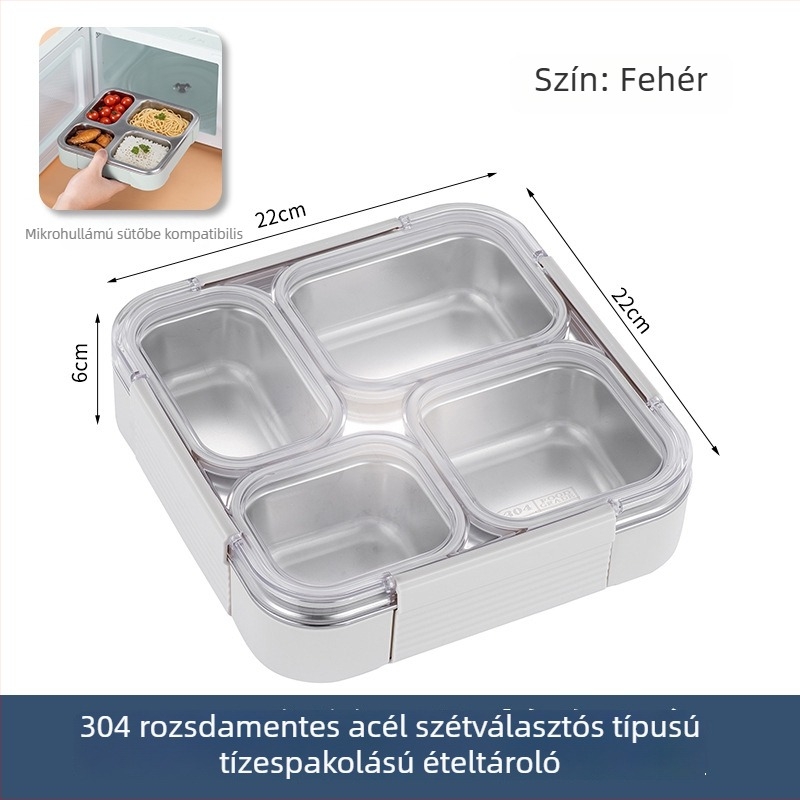 304 rozsdamentes acél ebédes doboz, önálló zárható rekeszekkel, 800–1000 ml űrtartalom, egy- vagy kétszintes kialakítás, mikrohullámú sütőben használható