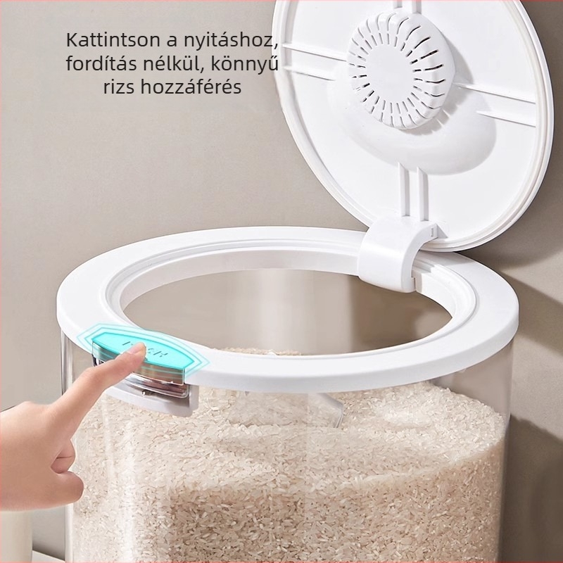 Műanyag rizstároló edény zárással, nedvesség- és rovarálló, 10 L kapacitás