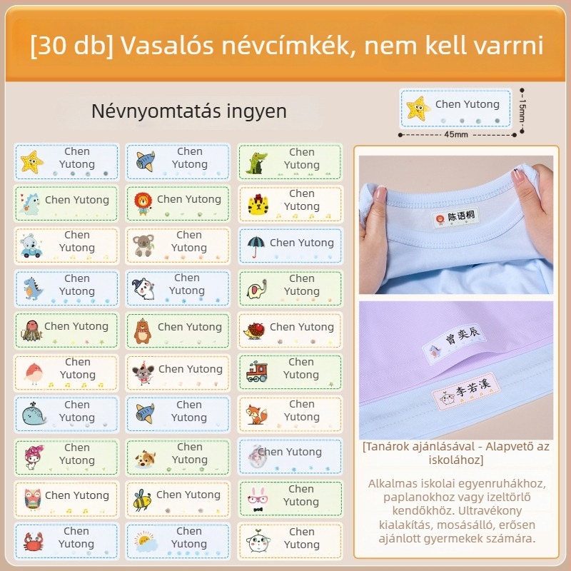 Vasalható névtáblák gyerekeknek, varrás nélküli ruhacímkék iskolai egyenruhákhoz, névtáblák első osztályos tanulók számára