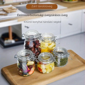 Konyhai tároló üveg zárt csattal fedéllel - kerek, 800-1000 ml, anyag: üveg, Feather