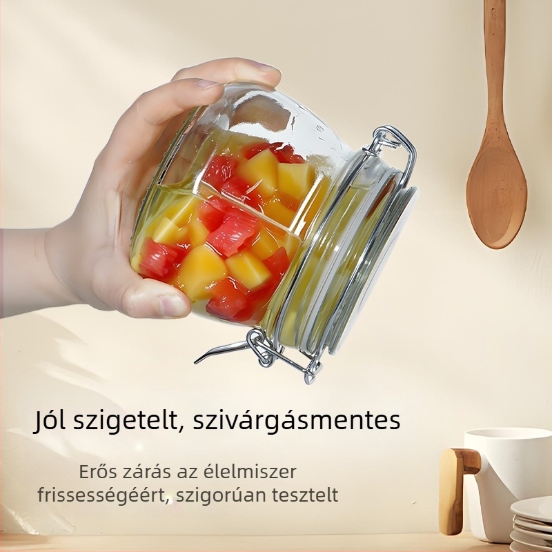 Konyhai tároló üveg zárt csattal fedéllel - kerek, 800-1000 ml, anyag: üveg, Feather