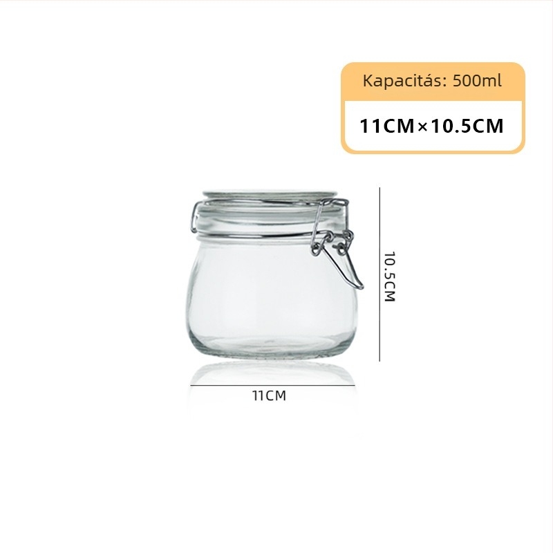 Konyhai tároló üveg zárt csattal fedéllel - kerek, 800-1000 ml, anyag: üveg, Feather