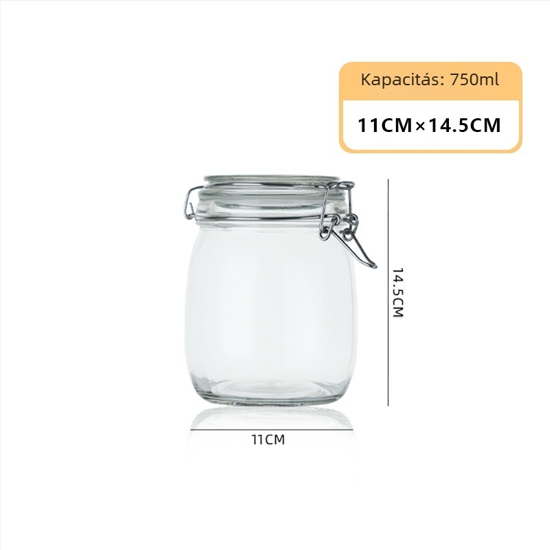 Konyhai tároló üveg zárt csattal fedéllel - kerek, 800-1000 ml, anyag: üveg, Feather