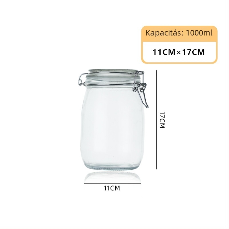 Konyhai tároló üveg zárt csattal fedéllel - kerek, 800-1000 ml, anyag: üveg, Feather