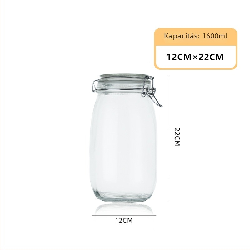 Konyhai tároló üveg zárt csattal fedéllel - kerek, 800-1000 ml, anyag: üveg, Feather