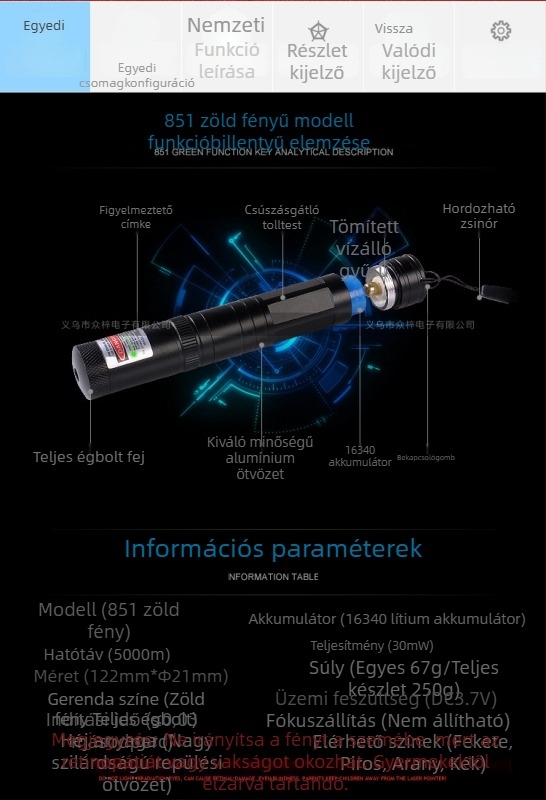 Zöld lézeres zseblámpa csillagos fényhatással