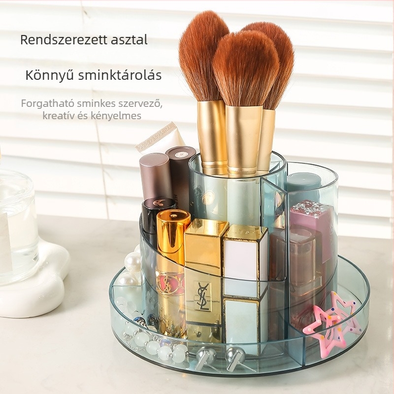 Forgatható kozmetikai tároló doboz rúzs hajlított tartóval, asztali rendező, PET anyag, nyitott kialakítás, 500 g