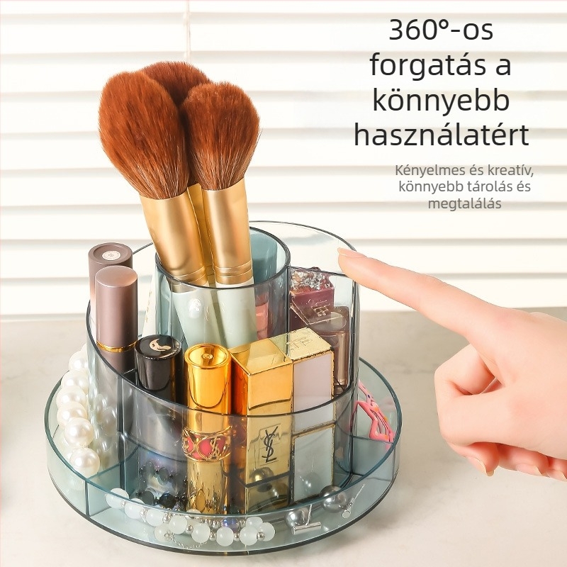 Forgatható kozmetikai tároló doboz rúzs hajlított tartóval, asztali rendező, PET anyag, nyitott kialakítás, 500 g