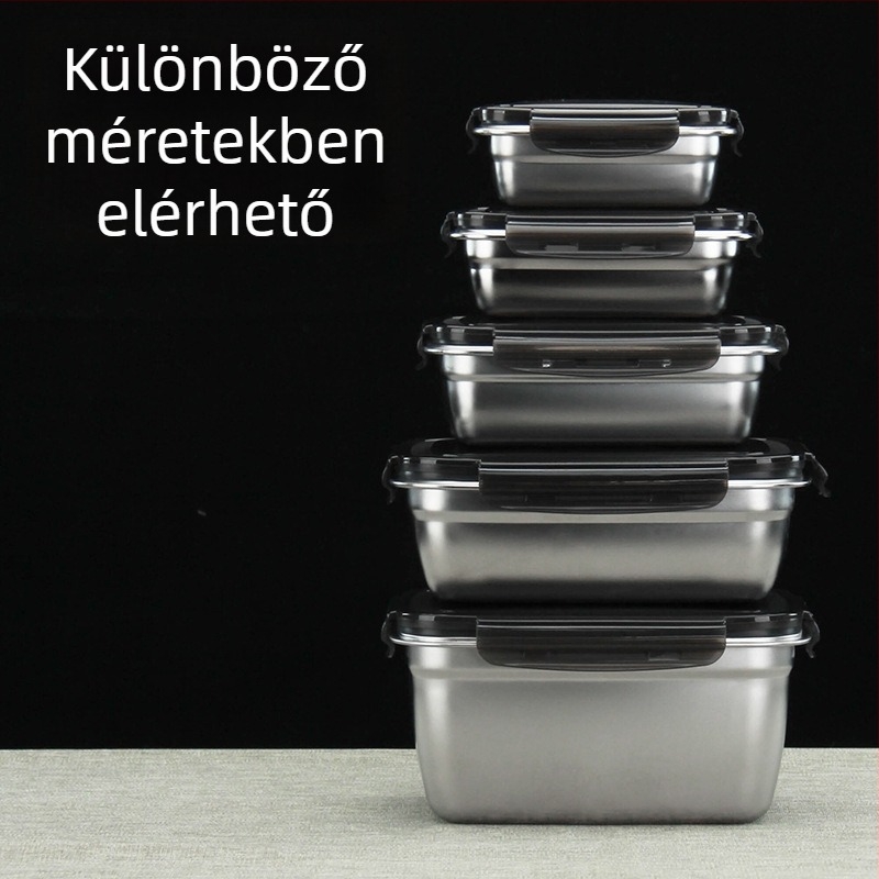 304 rozsdamentes acél ebéddoboz, négyszögletes formájú, frissesség megőrző doboz, mikrohullámú sütő nem használható, izoláció nélkül