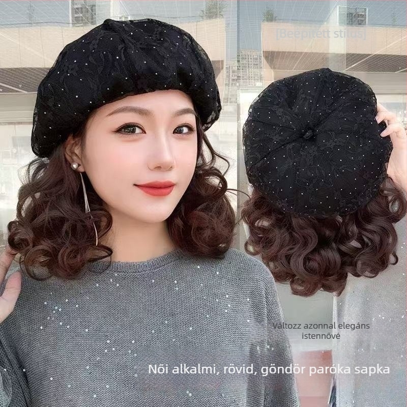 Könnyen viselhető rövid göndör paróka csipkés sapkával, őszi–téli divathoz, önálló styling, anyukáknak