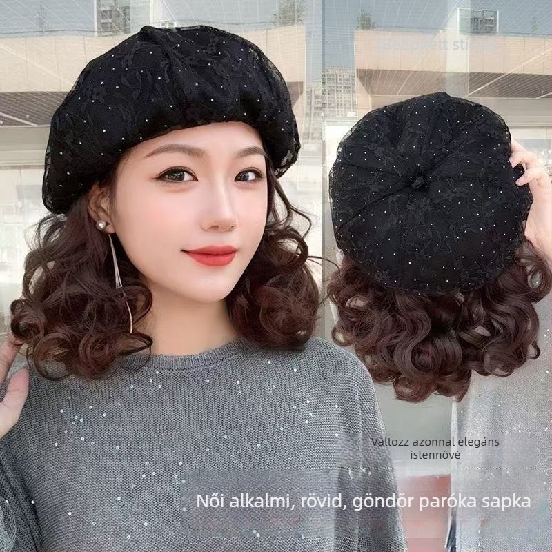 Könnyen viselhető rövid göndör paróka csipkés sapkával, őszi–téli divathoz, önálló styling, anyukáknak