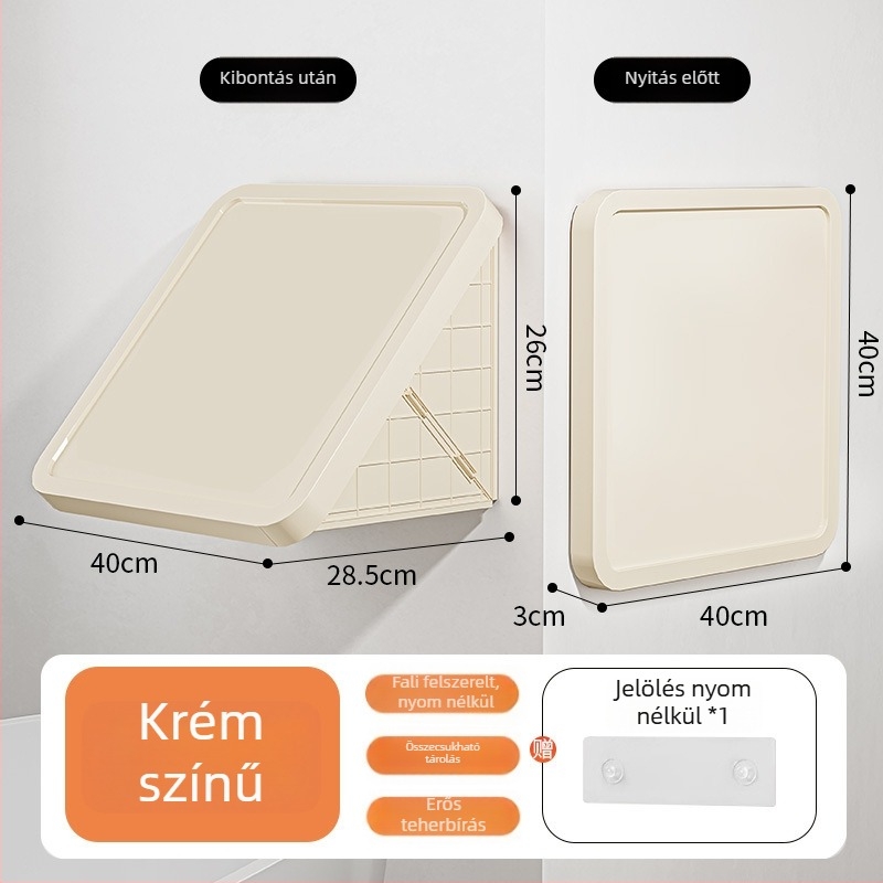 Fürdőszobai falra szerelhető tároló + összecsukható, vízálló, műanyag anyag, több szintes tárolás