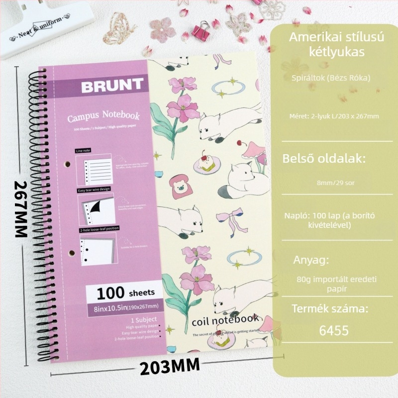 Amerikai stílusú spirálfüzet, a Fine Glitter Fox sorozat ihletésében, 100 oldal, Dowling papír 80 g