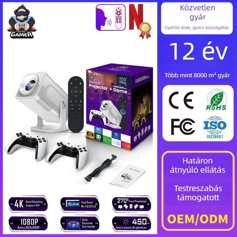 HCS350MAX Okos játékprojektor, WiFi 6, Android OS, 1080p, hordozható