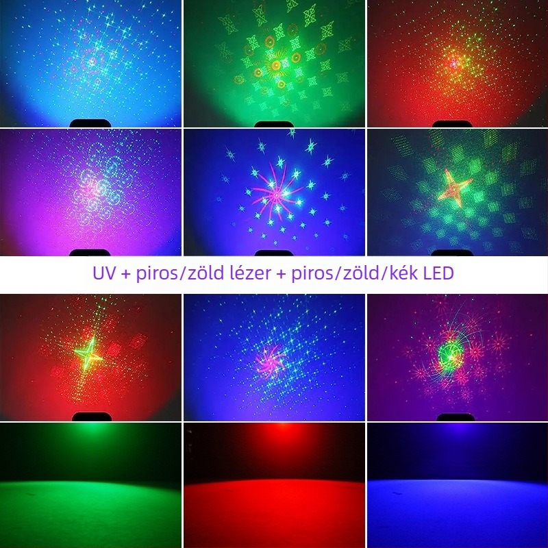 Disco hangulatvilágítás KTV-hez karácsonyi vetítéssel, színes forgó fények, strob és lézerfény a színpadi világításhoz