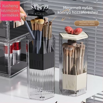 Sminkecset szervező doboz, műanyag, átlátszó, kapacitás 18, modern minimalista stílus, nyitható fedél