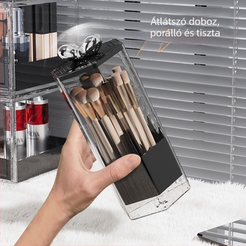 Sminkecset szervező doboz, műanyag, átlátszó, kapacitás 18, modern minimalista stílus, nyitható fedél