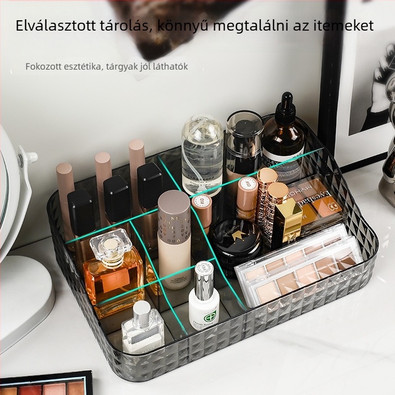 Átlátszó kozmetikai tároló hét rekeszes asztali rendező, diamant mintázat, PET anyag, logónyomtatás, személyre szabható
