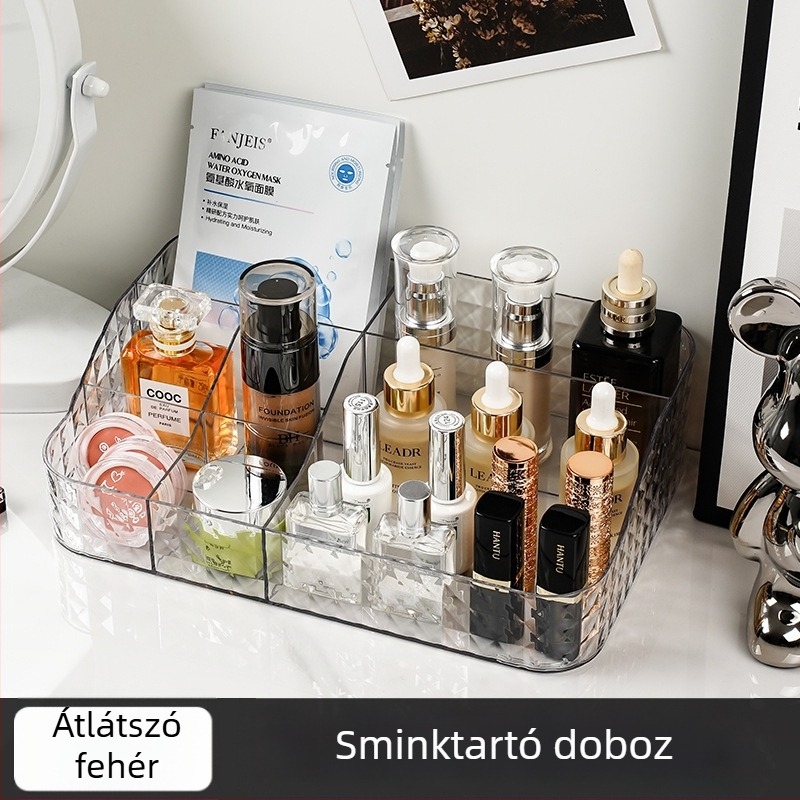 Átlátszó kozmetikai tároló hét rekeszes asztali rendező, diamant mintázat, PET anyag, logónyomtatás, személyre szabható