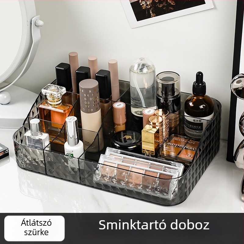Átlátszó kozmetikai tároló hét rekeszes asztali rendező, diamant mintázat, PET anyag, logónyomtatás, személyre szabható