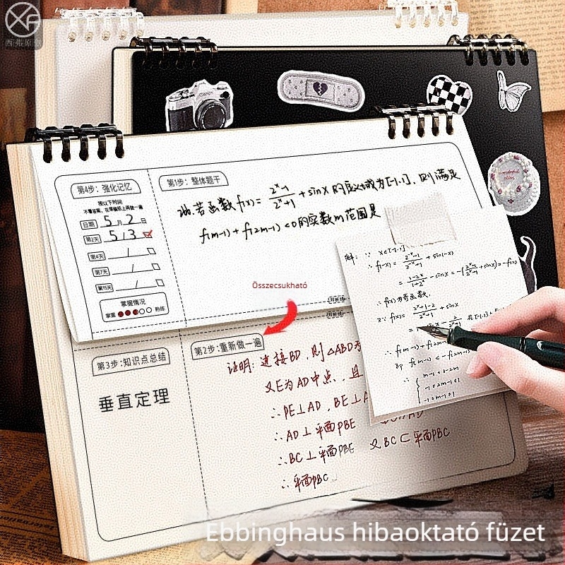 B5 összecsukható téves feladatokkal ellátott matematikai füzet általános- és középiskolások számára — lazán lapozható füzet, vízszintes orientáció, Ebbinghaus