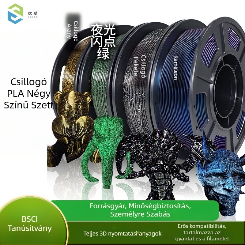 Core-Spun Csillogó PLA filament, 4×250 g készlet, 0,4 mm nyomtatási pontosság, Shine PLA anyag