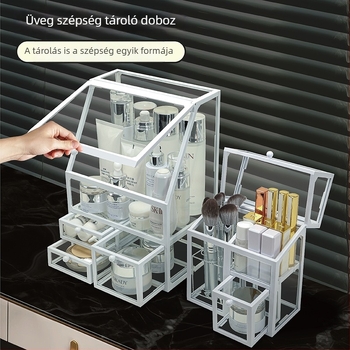 Asztali kozmetikai tároló doboz sminkhez és bőrápoláshoz, porvédett, nagy kapacitású, üveg anyagú, modern minimalist dizájn