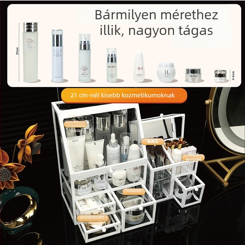 Asztali kozmetikai tároló doboz sminkhez és bőrápoláshoz, porvédett, nagy kapacitású, üveg anyagú, modern minimalist dizájn
