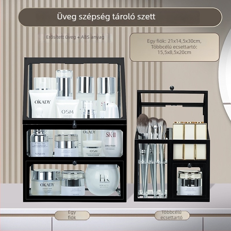 Asztali kozmetikai tároló doboz sminkhez és bőrápoláshoz, porvédett, nagy kapacitású, üveg anyagú, modern minimalist dizájn