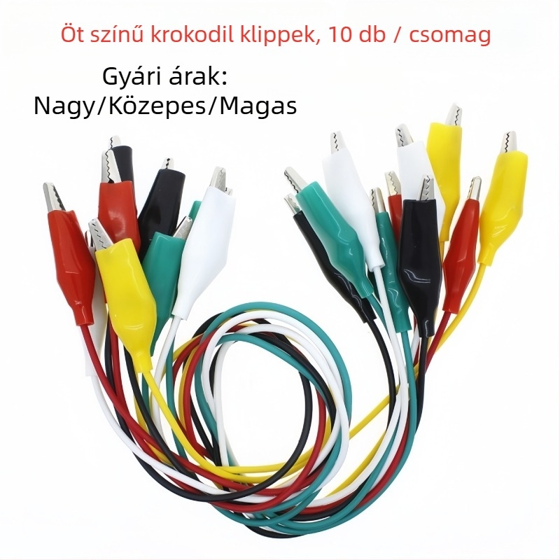 Kétfejű aligátor csipeszekkel és karbantartási csatlakozóval ellátott tesztvezeték, 10 darab, 500 mm hosszú