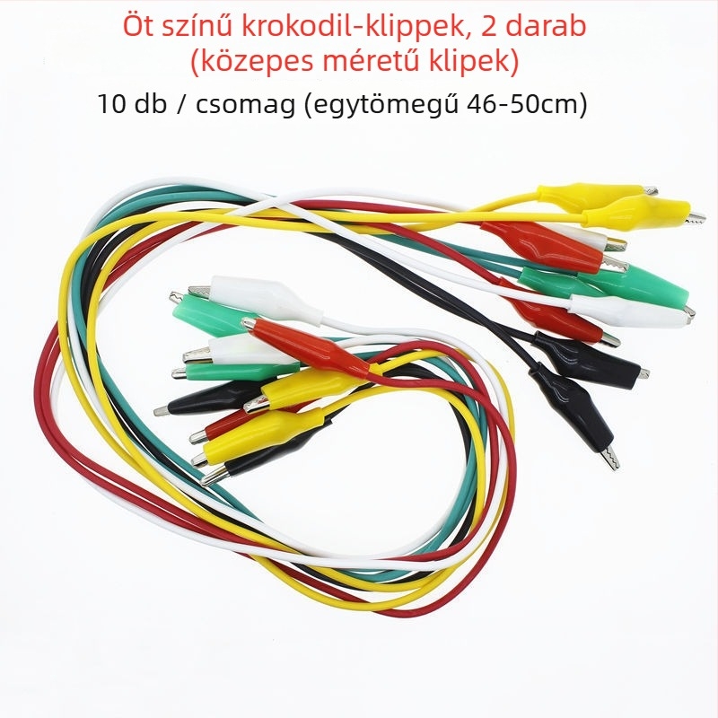 Kétfejű aligátor csipeszekkel és karbantartási csatlakozóval ellátott tesztvezeték, 10 darab, 500 mm hosszú