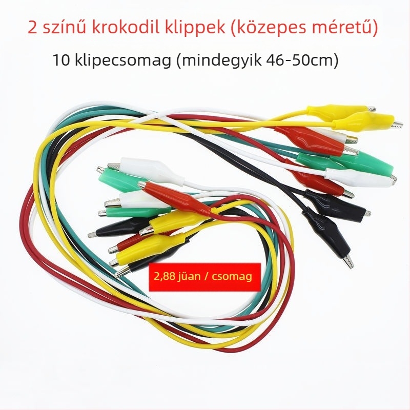 Kétfejű aligátor csipeszekkel és karbantartási csatlakozóval ellátott tesztvezeték, 10 darab, 500 mm hosszú